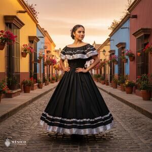 Black & Silver Traditional Mexican Dress Set, Double Layer Skirt Folklore Outfit